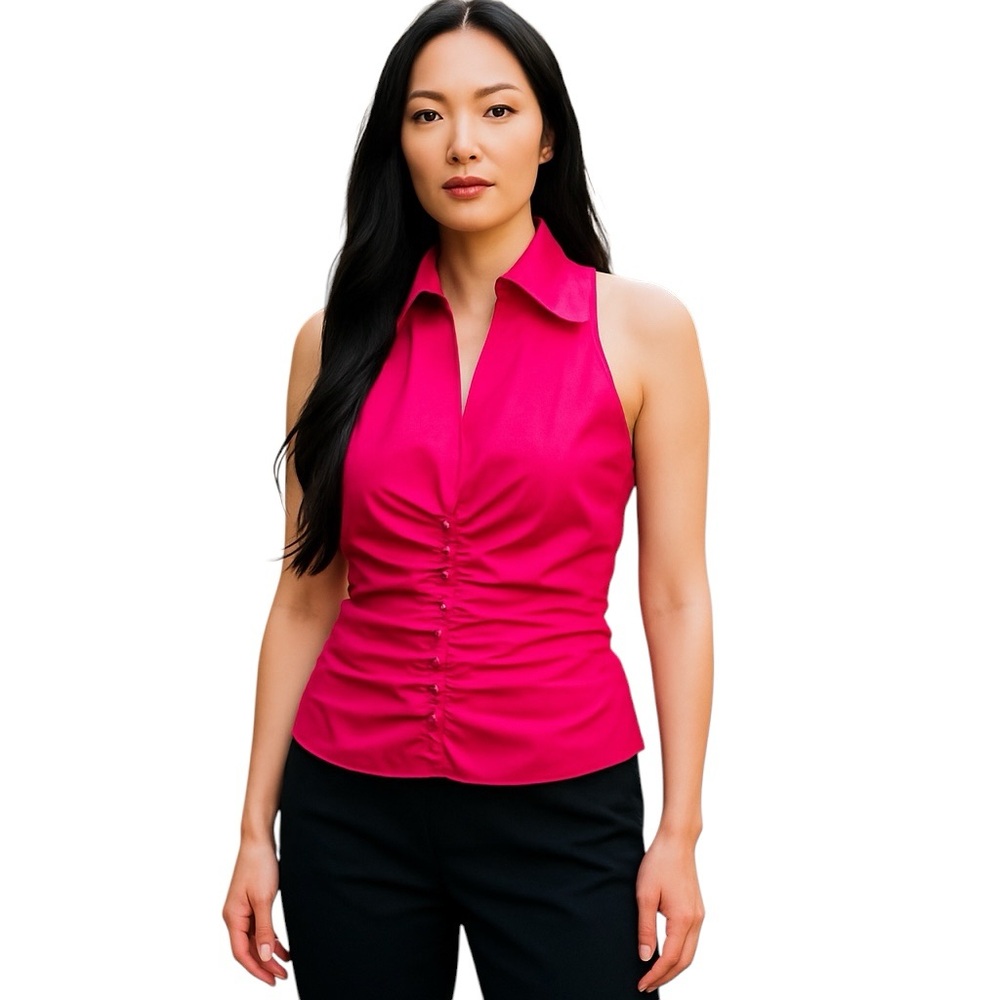 TADASHI CROPPED HOT PINK SATIN PINTUCK RUCHED GATHERED STRETCHY BLOUSE TOP 6